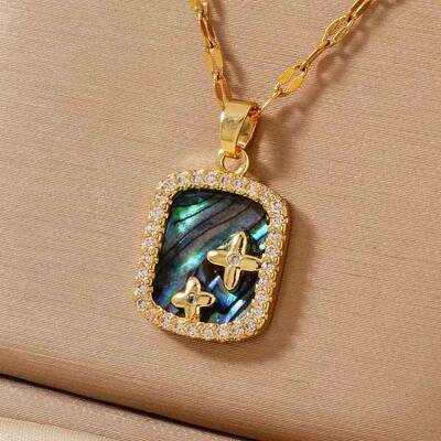 Simple Brass Clear Cubic Zirconia Square Star Pendant Necklaces