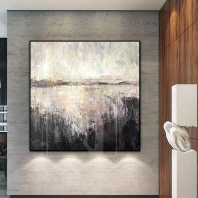 Large Abstract Oil Painting Beige Painting Black Painting Abstract Painting | HIDDEN LAKE