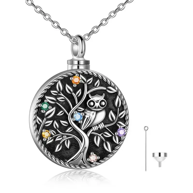 Sterling Silver Owl Tree Of Life Engraved Urn Necklace for Ashes for Women Men