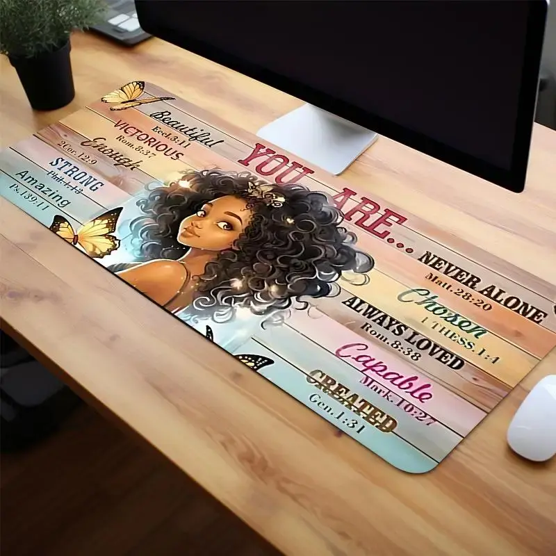 Cute Girl & Butterfly Pattern Large Gaming Mouse Pad, 1 Count Non-slip Rubber Base & Stitched Edge Desk Pad for PC Laptop, Co...