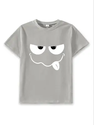 Kids Cartoon Face Print Round Neck Tee, Casual Soft Comfy Short Sleeve T-Shirt for Summer, Kids Clothes for Daily Wear
