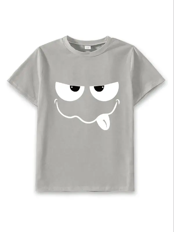Kids Cartoon Face Print Round Neck Tee, Casual Soft Comfy Short Sleeve T-Shirt for Summer, Kids Clothes for Daily Wear