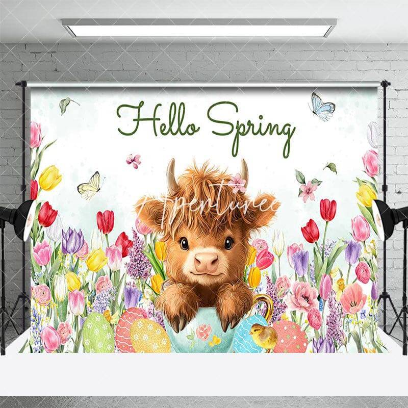 Aperturee Colorful Tulip Cute Cow Hello Spring Easter Backdrop, 3X2FT(1MX0.6M), 14 USD, easter backdrops, AHF431A-M