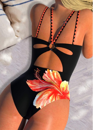 Modlily Circular Ring Floral Print Orange One Piece Swimwear - S
