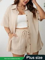 【Plus Size】Solid Button Front Shirt & Drawstring Waist Shorts Set Without Cami Top, Casual Drop Shoulder Half Sleeve Top ...