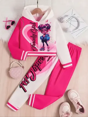 Girl's Random Print Hoodie & Pants Set, Casual Long Sleeve Hooded Sweatshirt & Jogger Pants for Daily Wear, Kids Summer Cloth...