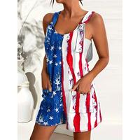 Patriotic Women's Romper with American Flag Print - Casual Fit with Pockets for Independence Day Dress Womenswear