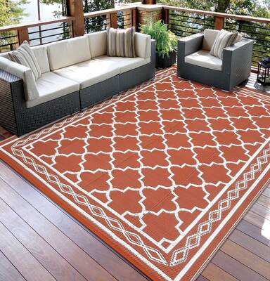 Garvee Outdoor Brick Red 9x12 Rug, Waterproof Reversible Plastic Straw Rug UV Resistant Easy Clean with Carry Bag & Stakes fo...