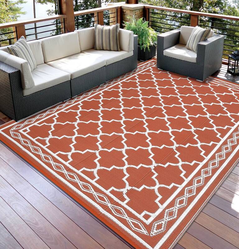 Garvee Outdoor Brick Red 9x12 Rug, Waterproof Reversible Plastic Straw Rug UV Resistant Easy Clean with Carry Bag & Stakes fo...