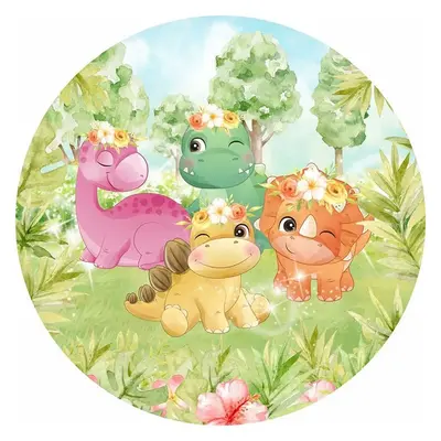 Aperturee Cute Bright Cartoon Dinosaur Round Birthday Backdrop Kit | Birthday Backdrop Ideas | Circle Party Backdrop | Round ...