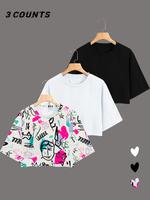 Women's Pop Art Print Round Neck Crop Tee, Fashion Casual Crew Neck Short Sleeve T-shirt for Daily Holiday Vacation Outdoor W...