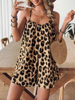 Women's Leopard Print Cami Romper, Casual Loose Baggy Sleeveless Spaghetti Strap Short Jumpsuit for Summer, Fashion Women's C...