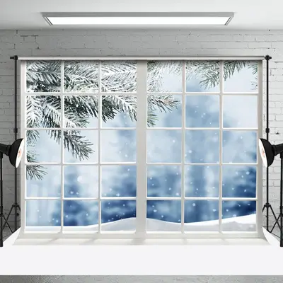 Aperturee Blurry Snowy Pine Branches Window Scene Backdrop - Aperturee