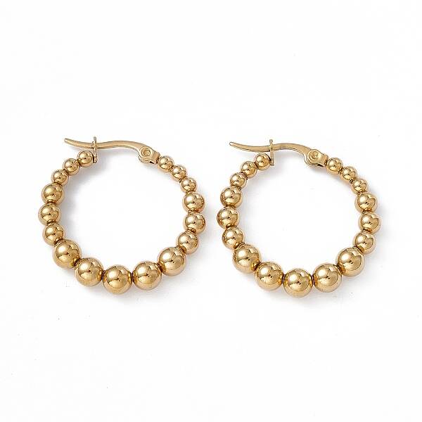 201 Stainless Steel Round Beaded Hoop Earrings with 304 Stainless Steel Pins for Women
