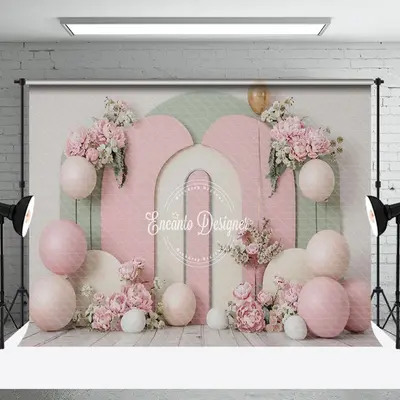 Pink Green Arch Floral Balloons Cake Smash Backdrop - Aperturee