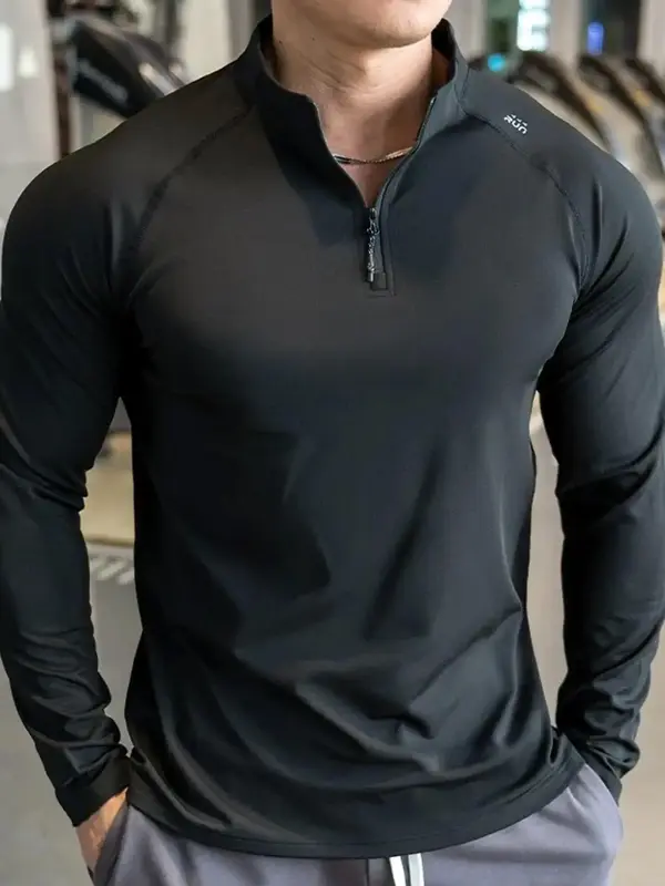 Men's Letter Print Half Zip Up Long Sleeve Tee, Regular Fit Casual Comfy Breathable Quick Drying T-shirt for Gym Workout Hiki...