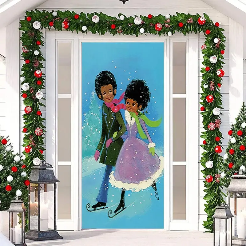A Couple Skating Blue Snowy Christmas Door Cover - Aperturee