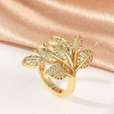 Leaf Brass Micro Pave Clear Cubic Zirconia Open Cuff Rings for Women