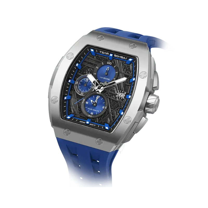 TSAR BOMBA Men's Quartz Chronograph Watch | Silver Blue | Stainless Steel Bezel & Case, Tonneau Luxury Design, 316L Stainless...