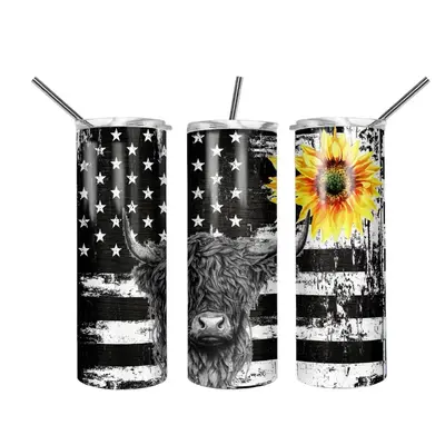 Highland Cow with Sunflower 20oz Skinny Tumbler Stainless Straw Lightweight Drinkware Stylish Water Bottles Lid Bottle