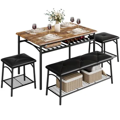 Garvee Kitchen Dining Room Table Set with Upholstered Bench and Square Stools, Metal and Wood Dining Table Set for 4 with Sto...