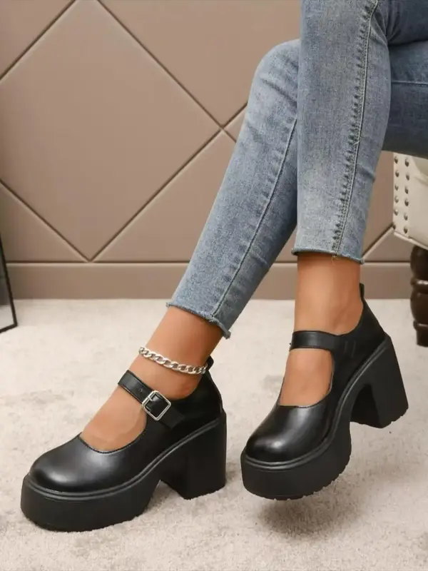 Women's Solid Color Round Toe Platform Chunky Heel Shoes, Casual Comfortable Buckle Pu Leather Mary Jane Shoes for Daily Wear...