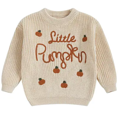 Toddler Baby Girls Halloween Knit Sweater Little Pumpkin Long Sleeve Pumpkin Embroidery Knitwear Tops