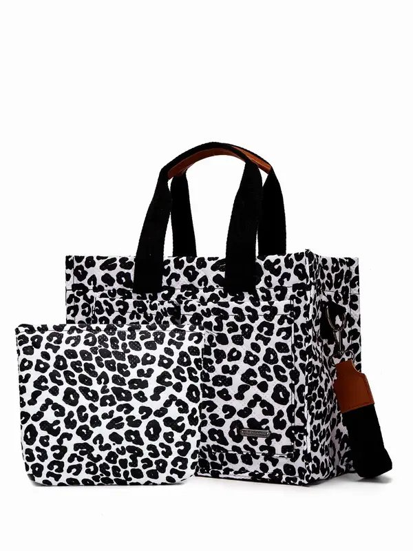 Creative Leopard Print Tote Bag Set, Large Capacity Waterproof Printed Multi-pocket Shoulder Bag & Handbag, Casual Computer B...