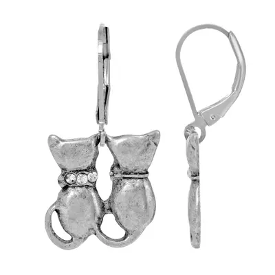 Silver Tone Crystal Double Cat Wire Earrings