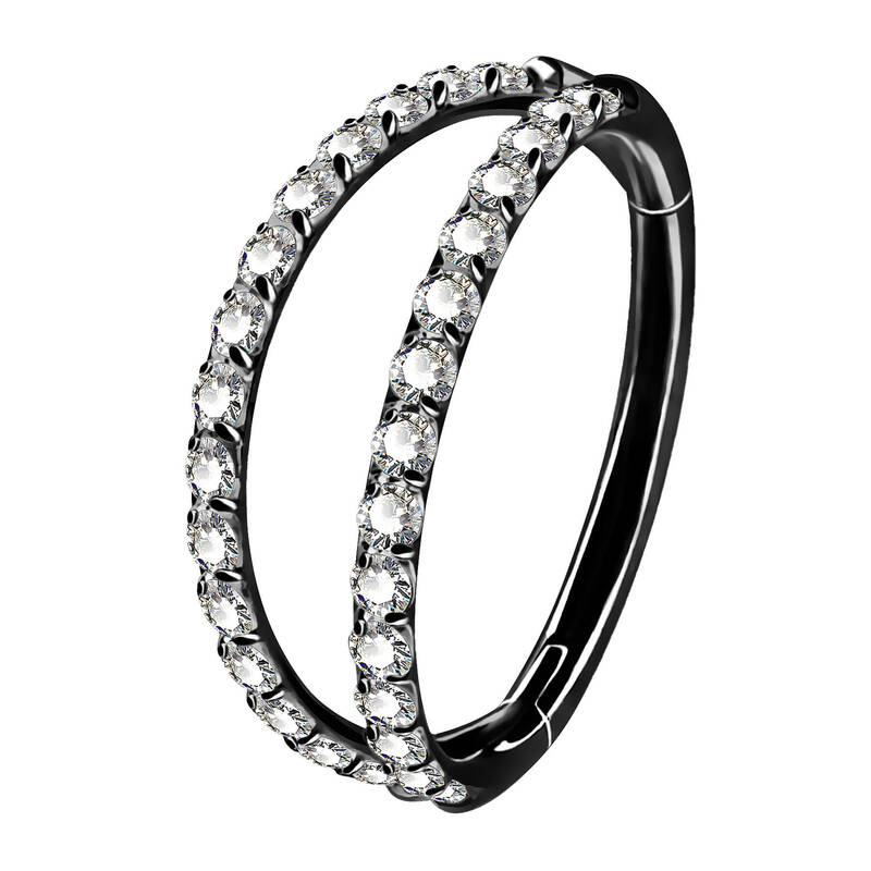 18G CZ Double Hoop Segment Nose Ring - Black / 6mm