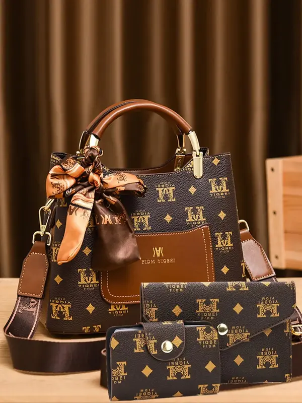 Women's Fashionable Geometric Pattern Handbag & Wallet & Coin Purse, Casual Versatile PU Leather Unique Bags Set, Trendy Hig...