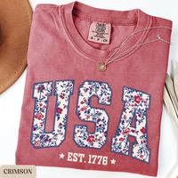 Comfort Colors Usa Shirt, 4th of July Shirt, Floral Usa Tee, Summer Patriotic Shirt for Women, America Est 1776 Shirt, Red Wh...