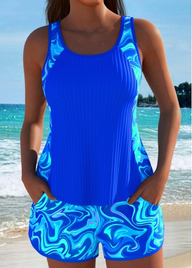Modlily Mid Waisted Pocket Blue Tankini Set - S