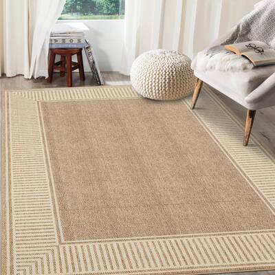Garvee Bordered Khaki 5x7 Washable Rug for Bedroom Large Living Room Rug with Rubber Backing Casual Striped Border Throw Carp...
