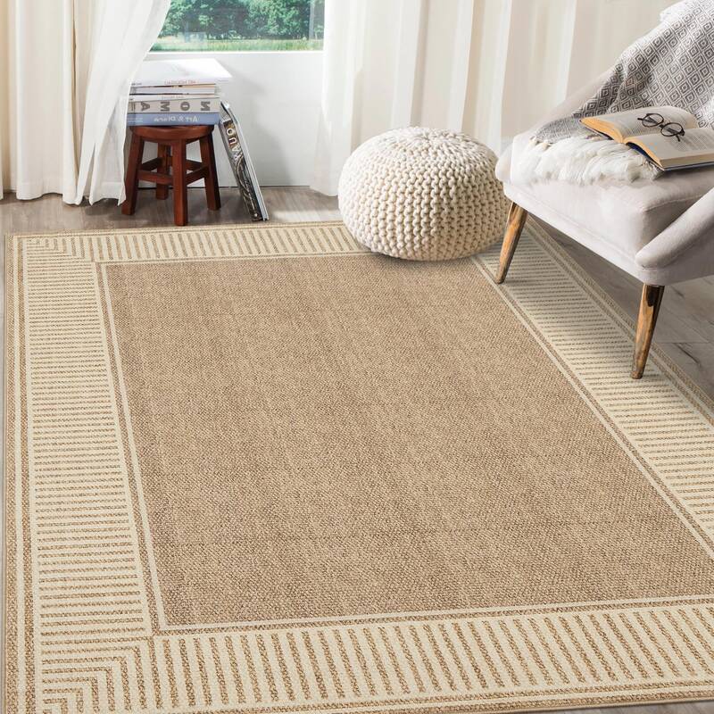 Garvee Bordered Khaki 5x7 Washable Rug for Bedroom Large Living Room Rug with Rubber Backing Casual Striped Border Throw Carp...