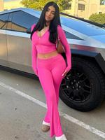 Women's Solid Zip Up Hooded Crop Tight Longsleeves Hoodie & High Waist Flare Leg Pants Set, Casual Long Sleeve Zippered Top &...