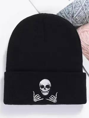 Halloween Skull & Letter Embroidered Knit Hat, Casual Winter Outdoor Beanie Hat, Daily Use Hat for Men & Women