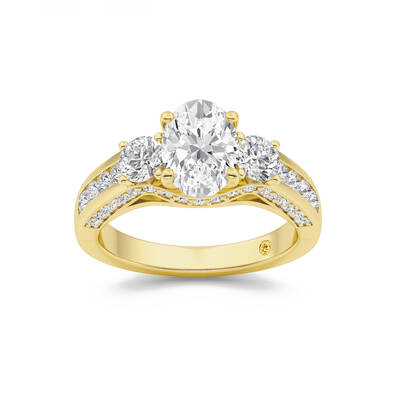 Aarhus Pavé Set Hidden Accent Three Stone Oval Lab Grown Cathedral Diamond Engagement Ring | 18K Yellow Gold 2 1/5 CT. TW.
