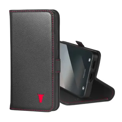 Samsung Galaxy S25 Leather Wallet Case (with Stand function) - Black with Red Detail