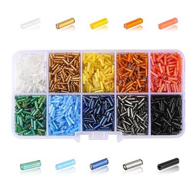 100g 10 Style Silver Lined & Transparent & Opaque Glass Bugle Beads