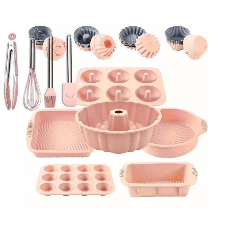 Silicone Baking Set, 34pcs/set Non-stick Silicone Baking Tool Set, Including Baking Pan, Cake Pan, Donut Pan, Muffin Pan, Bea...