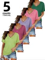 Women's Solid Color V Neck Tee, Casual Short Sleeve T-shirt for Summer, Ladies Clothes for Daily Wear, Top, Minimalist Womens...