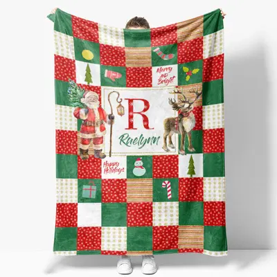Santa Elk Red White Green Christmas Custom Name Blanket - Aperturee