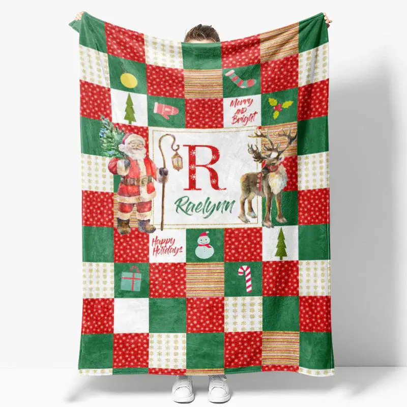Santa Elk Red White Green Christmas Custom Name Blanket - Aperturee
