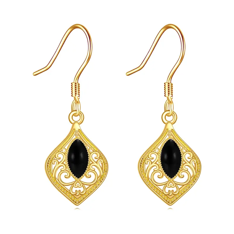 14K Gold Black Agate Drop Earrings