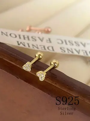 925 Sterling Silver Fashion Trendy Rhinestone Decor Heart Design Stud Earrings, Elegant Ear Jewelry for Women & Girls for Par...