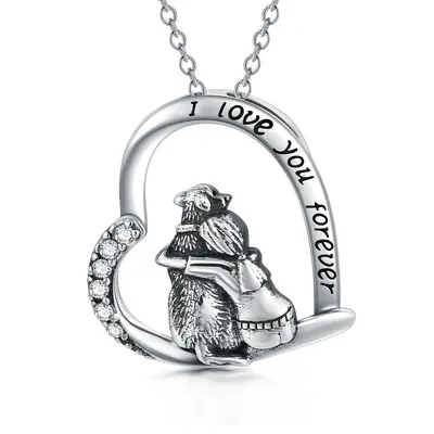 Sterling Silver Heart Shaped Cubic Zirconia Dog & Heart Pendant Necklace with Engraved Word