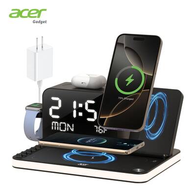 Acer 7 in 1 Wireless Charging Station with LED Night Light, Bluetooth Time Sync Clock & Temperature Display, USB-A & USB