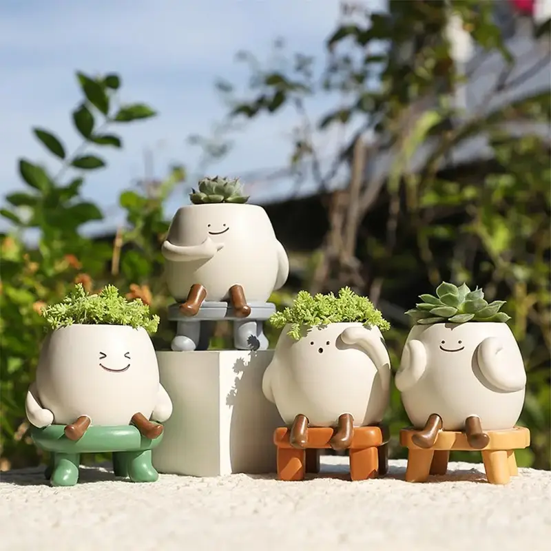 Cute Cartoon Design Flower Pot, Resin Succulent Pot, Creative Desktop Decorative Pot for Home Office Desk Garden Decoration
