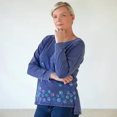 Tumbling Paws Burnout Crew Neck Sweatshirt | Fair Trade - Gray with Blue Paws - 1X